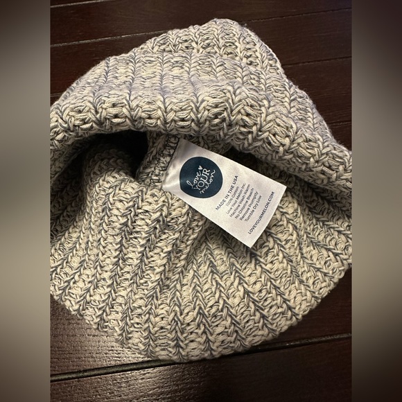 Light gray and white Love Your Melon cuffed beanie with brown patch - Picture 4 of 6